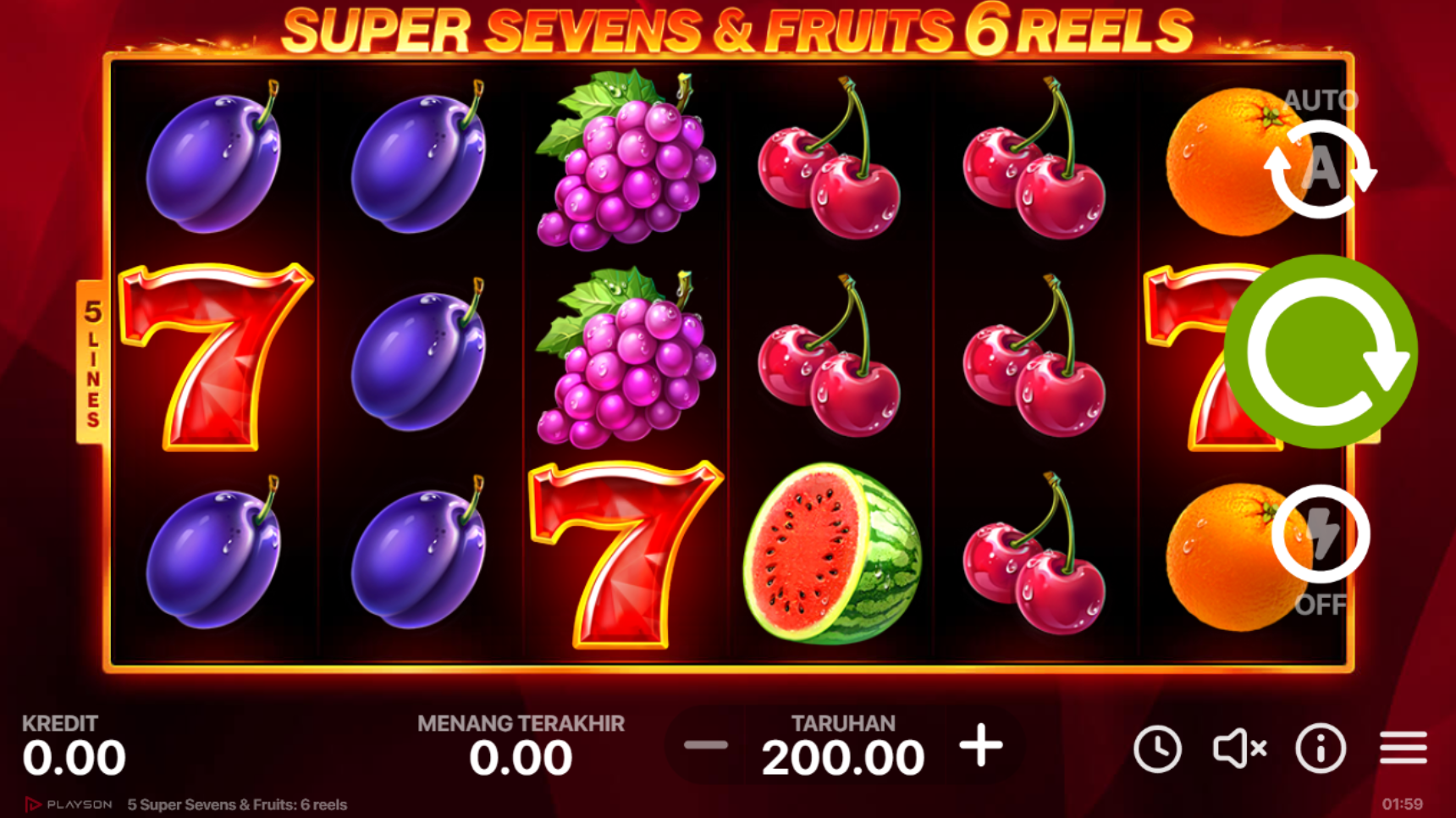 Slot Online 5 Super Sevens & Fruits 6 Reels Booongo