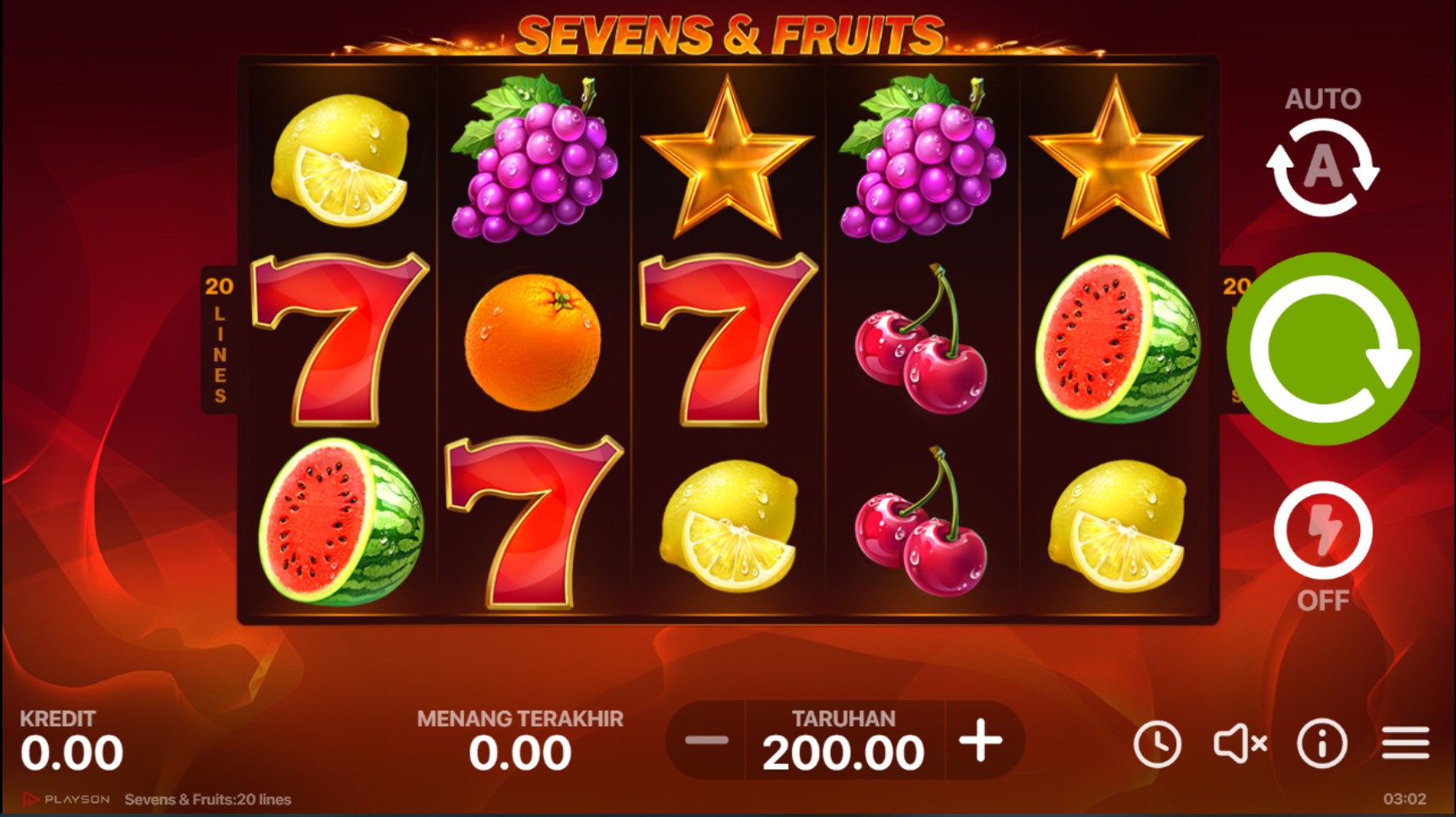 Slot Online Sevens & Fruits 20 Lines Booongo